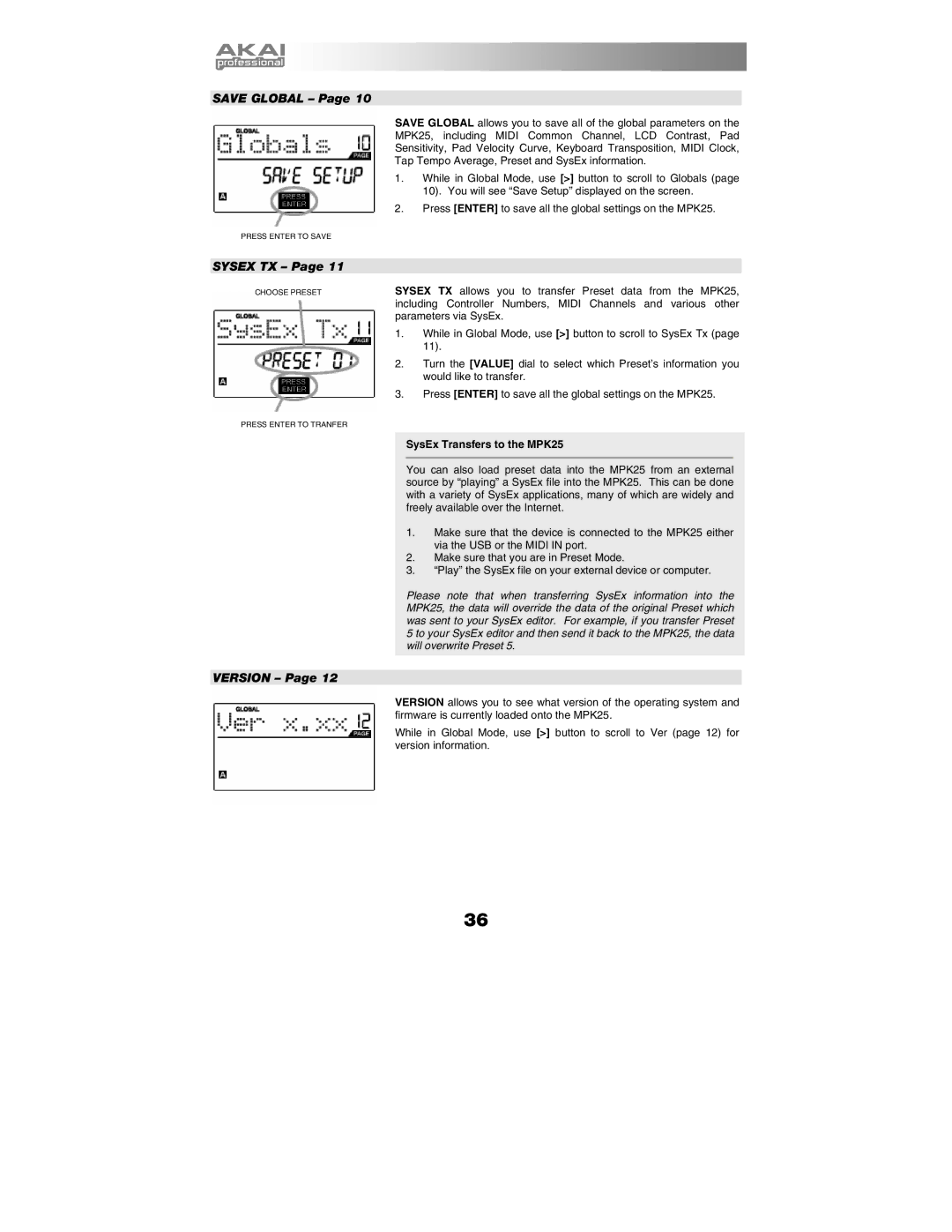 Akai manual Save Global, SysEx Transfers to the MPK25 