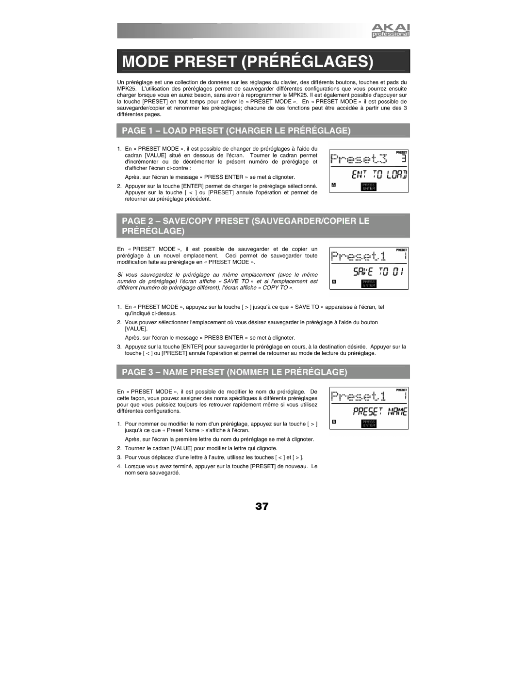 Akai MPK25 Mode Preset Préréglages, Load Preset Charger LE Préréglage, SAVE/COPY Preset SAUVEGARDER/COPIER LE Préréglage 