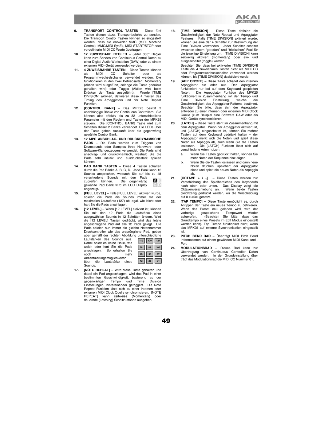 Akai MPK25 quick start Zuweisbahre Tasten Diese Tasten können 