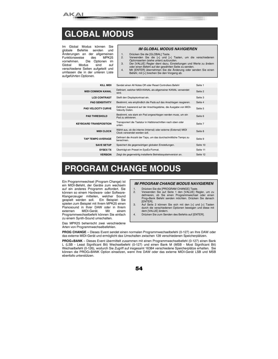 Akai MPK25 quick start IM Global Modus Navigieren, IM Program Change Modus Navigieren 