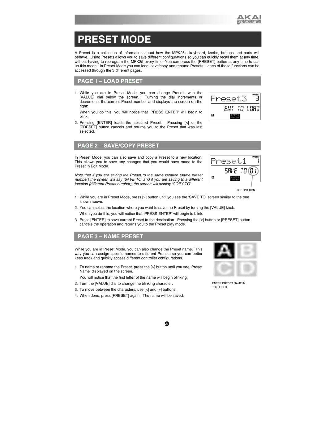 Akai MPK25 quick start Preset Mode, Load Preset, SAVE/COPY Preset, Name Preset 