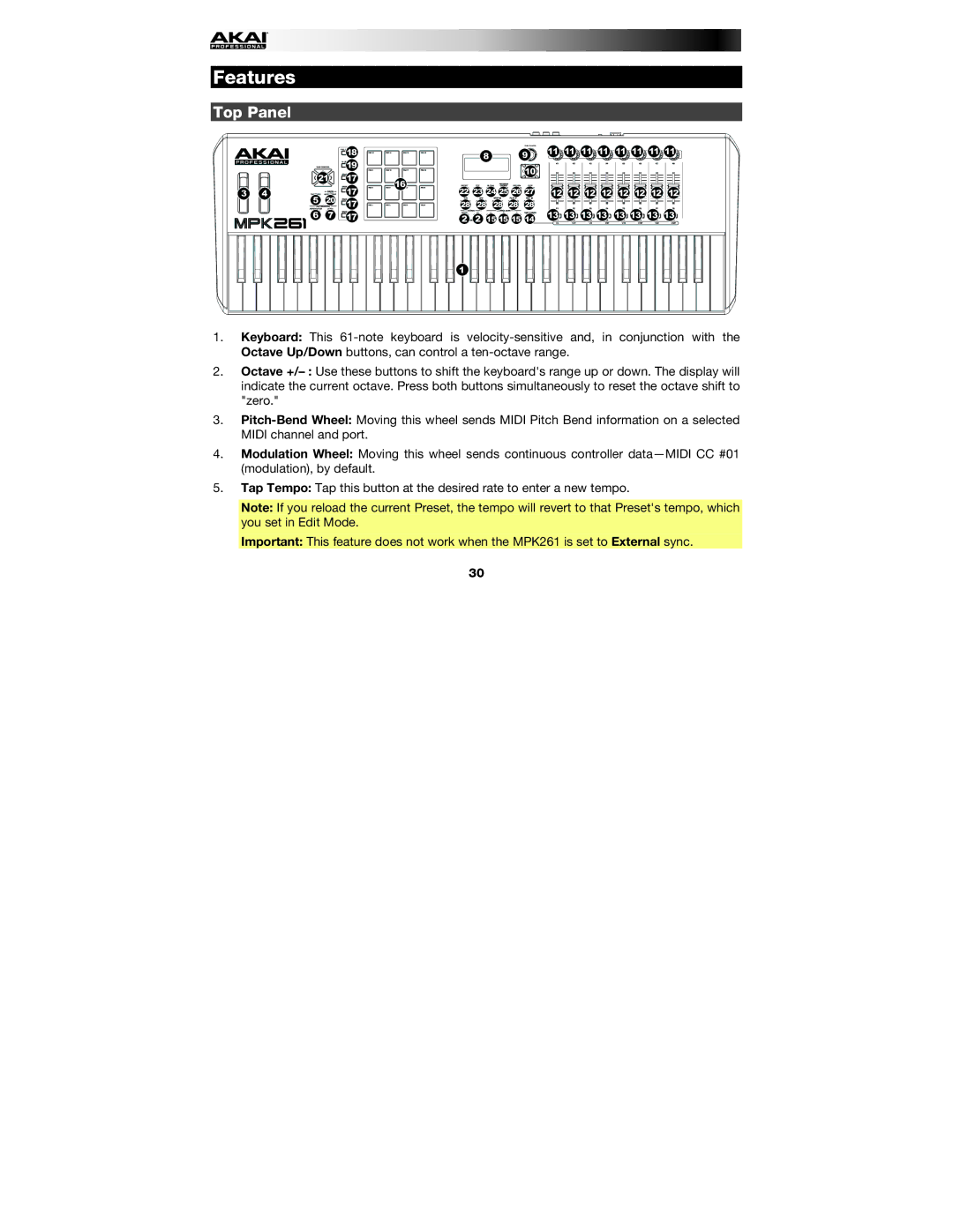 Akai MPK261 manual Features, Top Panel 