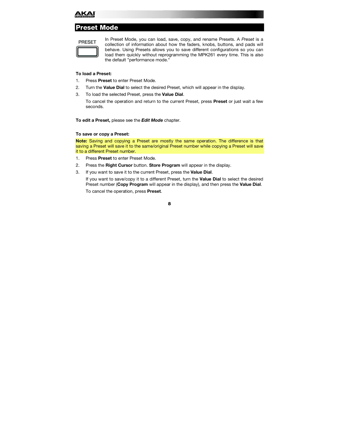 Akai MPK261 manual Preset Mode, To load a Preset, To save or copy a Preset 