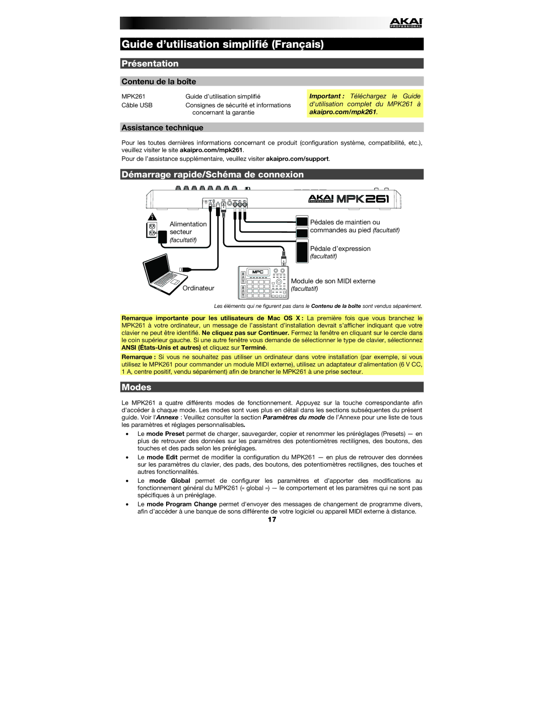 Akai MPK261 quick start Guide d’utilisation simplifié Français, Présentation, Démarrage rapide/Schéma de connexion, Modes 