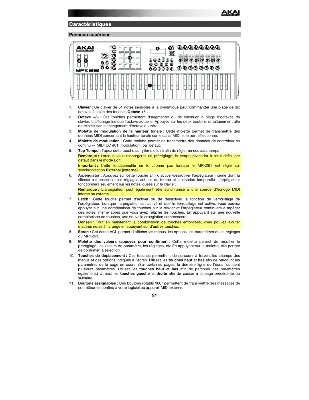 Akai MPK261 quick start Caractéristiques, Panneau supérieur 