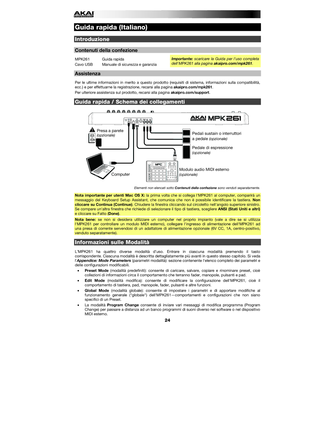 Akai MPK261 Guida rapida Italiano, Introduzione, Guida rapida / Schema dei collegamenti, Informazioni sulle Modalità 