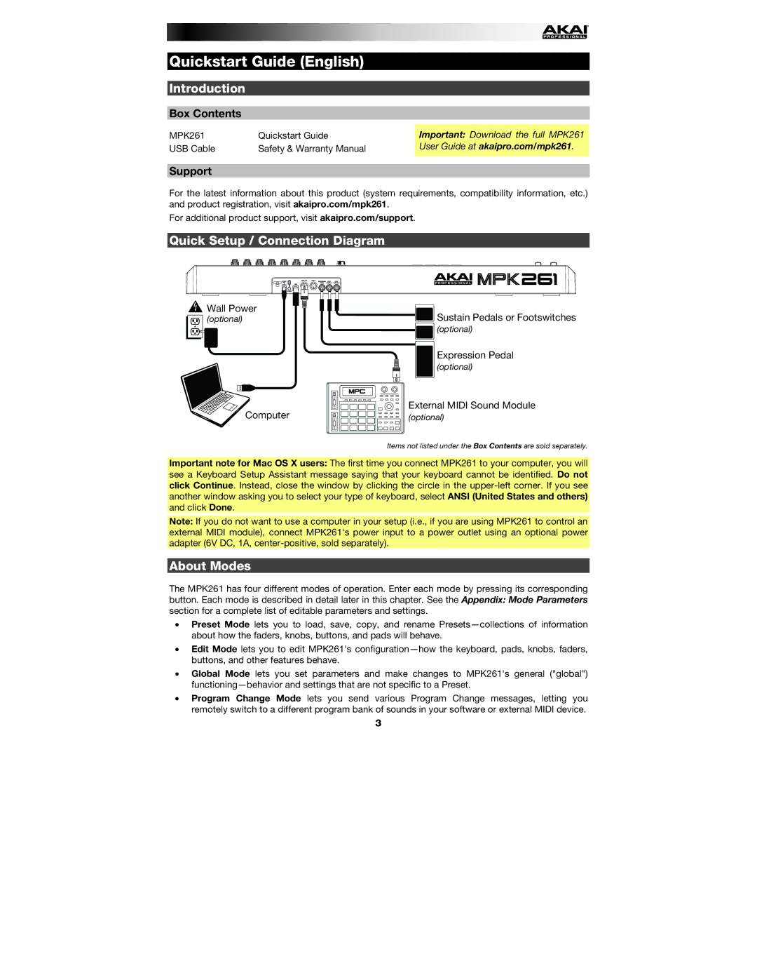 Akai MPK261 quick start Quickstart Guide English, Introduction, Quick Setup / Connection Diagram, About Modes 