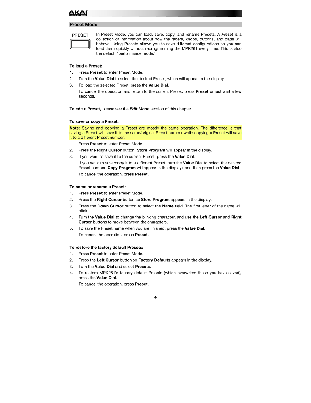 Akai MPK261 quick start Preset Mode, To load a Preset, To save or copy a Preset, To name or rename a Preset 