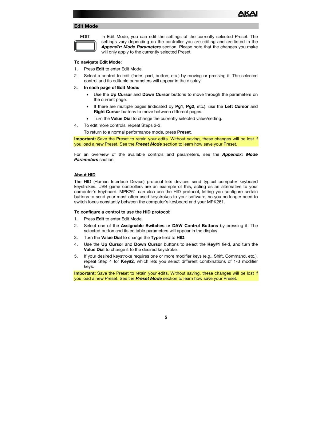 Akai MPK261 To navigate Edit Mode, Each page of Edit Mode, About HID, To configure a control to use the HID protocol 