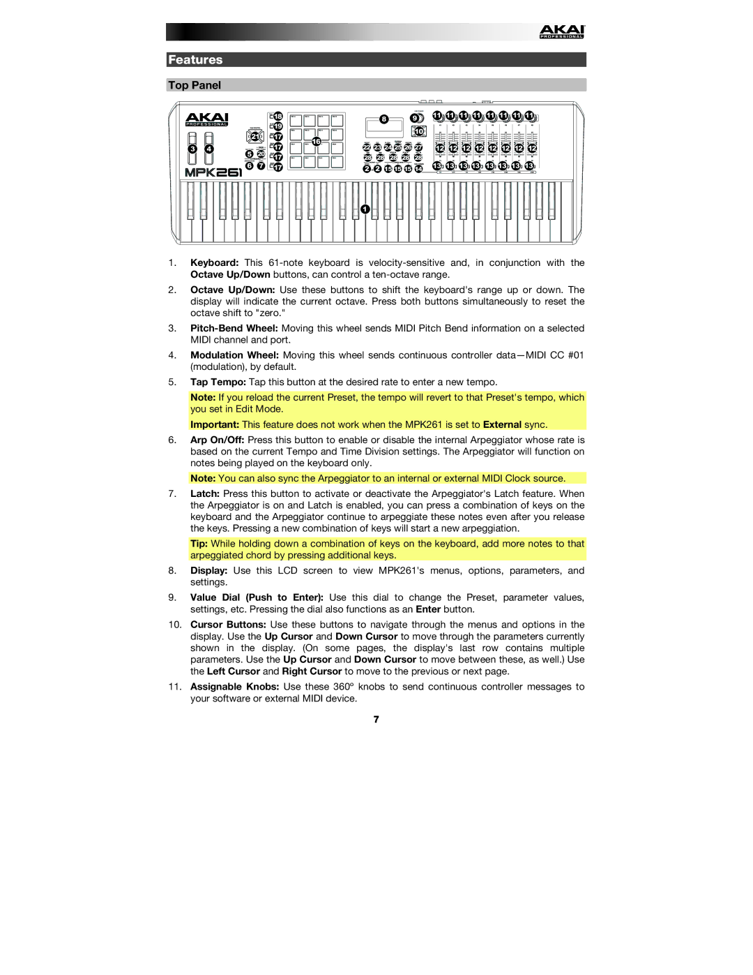 Akai MPK261 quick start Features, Top Panel 