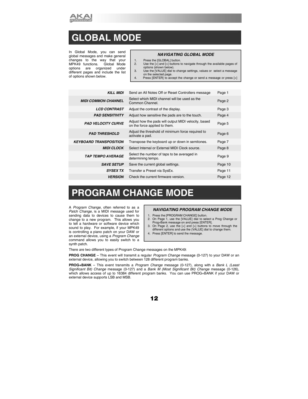 Akai MPK49 quick start manual Navigating Global Mode, Navigating Program Change Mode 