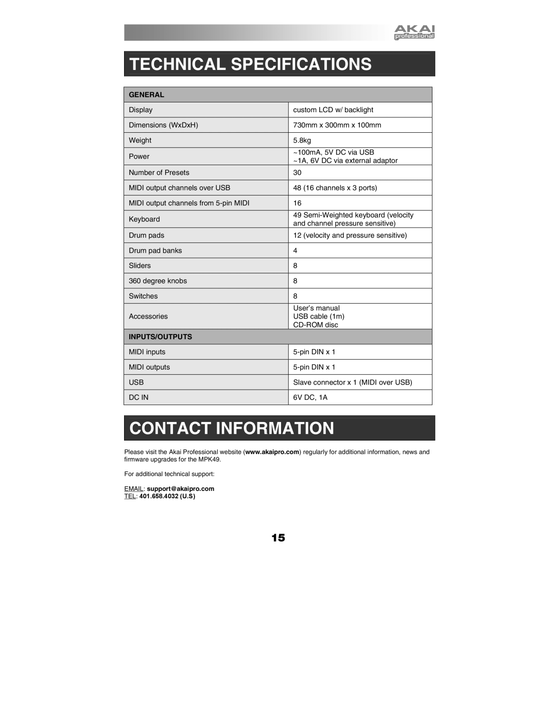 Akai MPK49 quick start manual Technical Specifications, Contact Information 