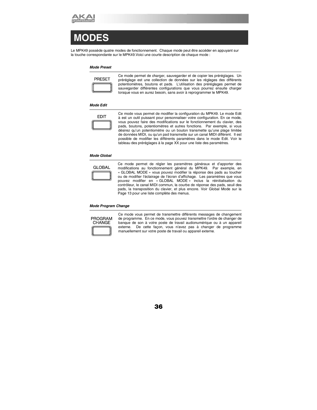 Akai MPK49 quick start manual Modes, Mode Preset 