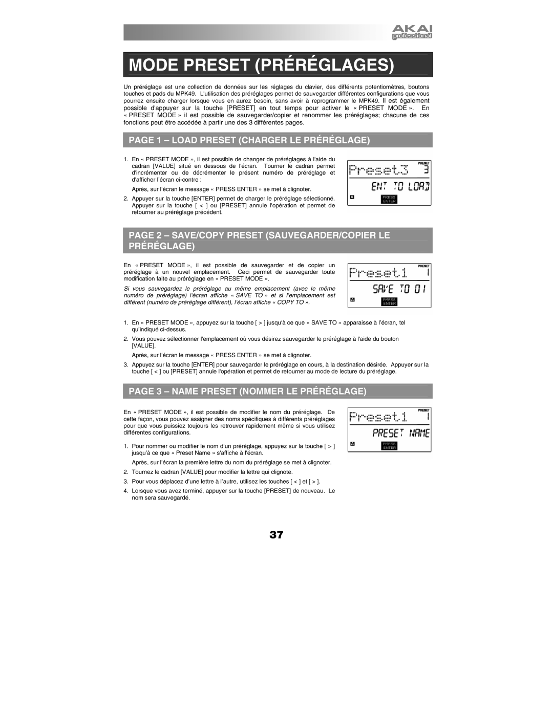 Akai MPK49 Mode Preset Préréglages, Load Preset Charger LE Préréglage, SAVE/COPY Preset SAUVEGARDER/COPIER LE Préréglage 