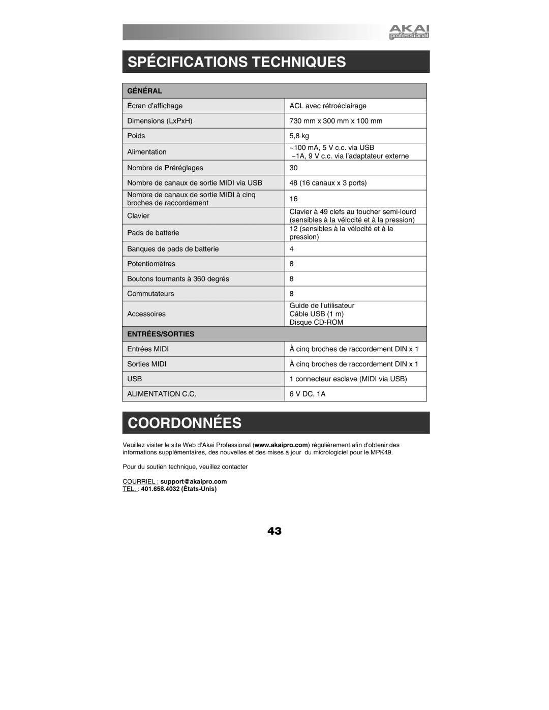 Akai MPK49 quick start manual Spécifications Techniques 