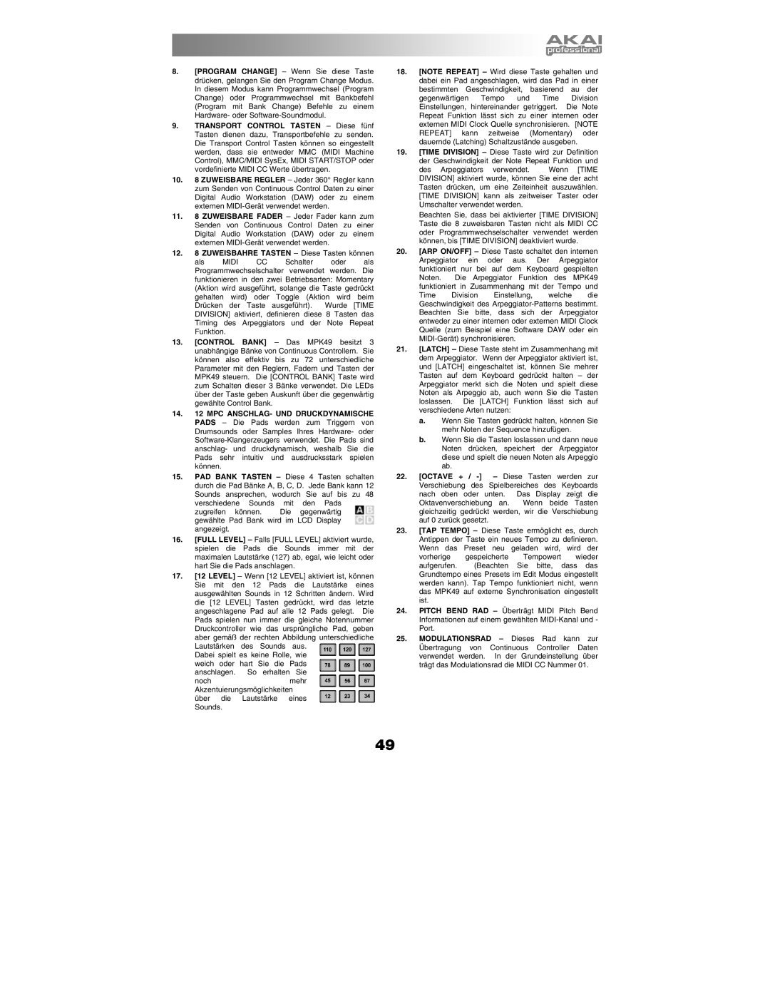 Akai MPK49 quick start manual Zuweisbahre Tasten Diese Tasten können 