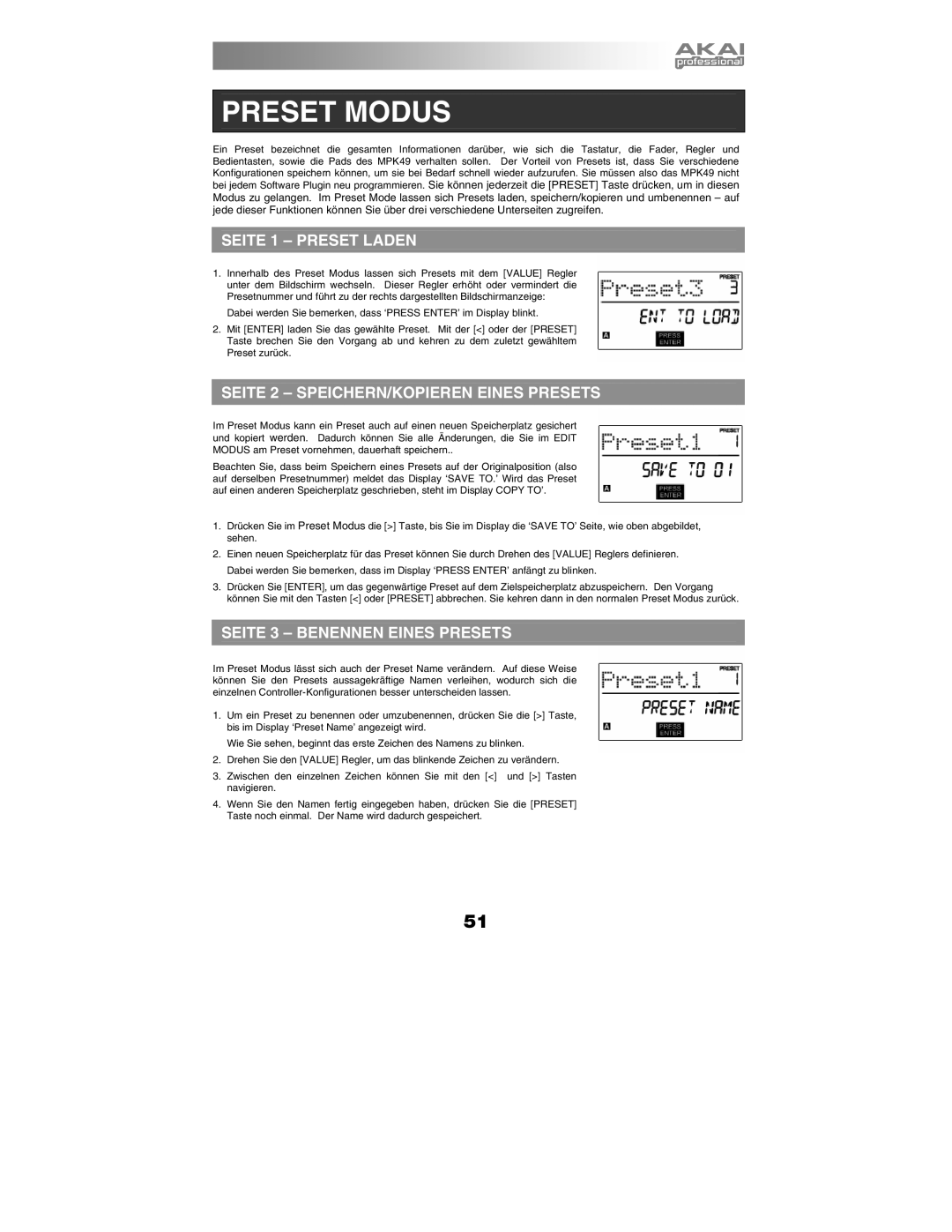 Akai MPK49 Preset Modus, Seite 1 Preset Laden, Seite 2 SPEICHERN/KOPIEREN Eines Presets, Seite 3 Benennen Eines Presets 