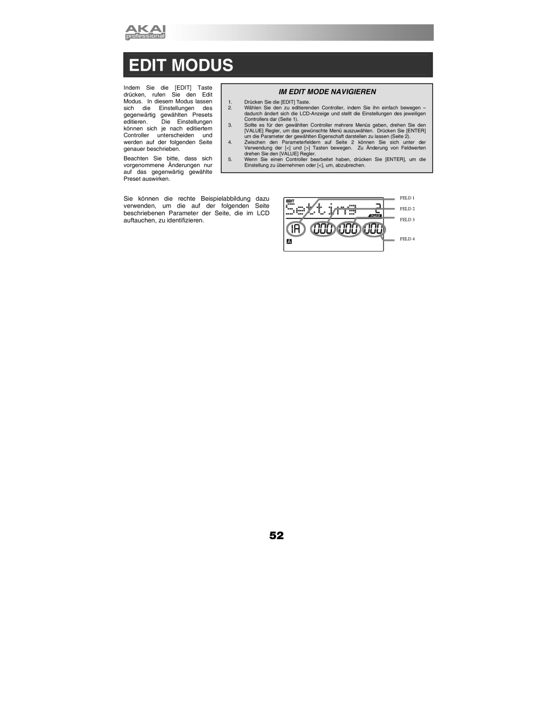 Akai MPK49 quick start manual Edit Modus, IM Edit Mode Navigieren 