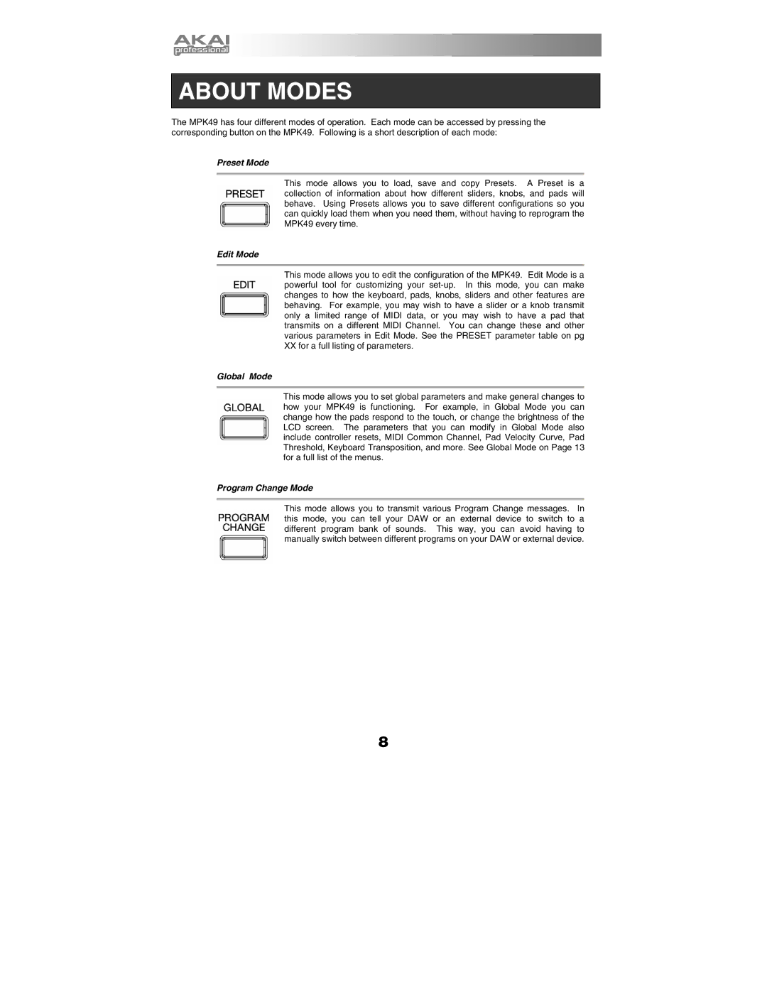 Akai MPK49 quick start manual About Modes, Preset Mode 