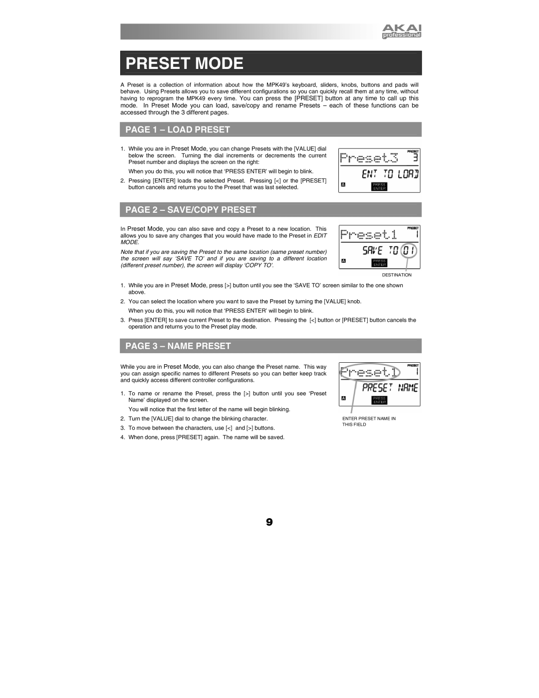 Akai MPK49 quick start manual Preset Mode, Load Preset, SAVE/COPY Preset, Name Preset 