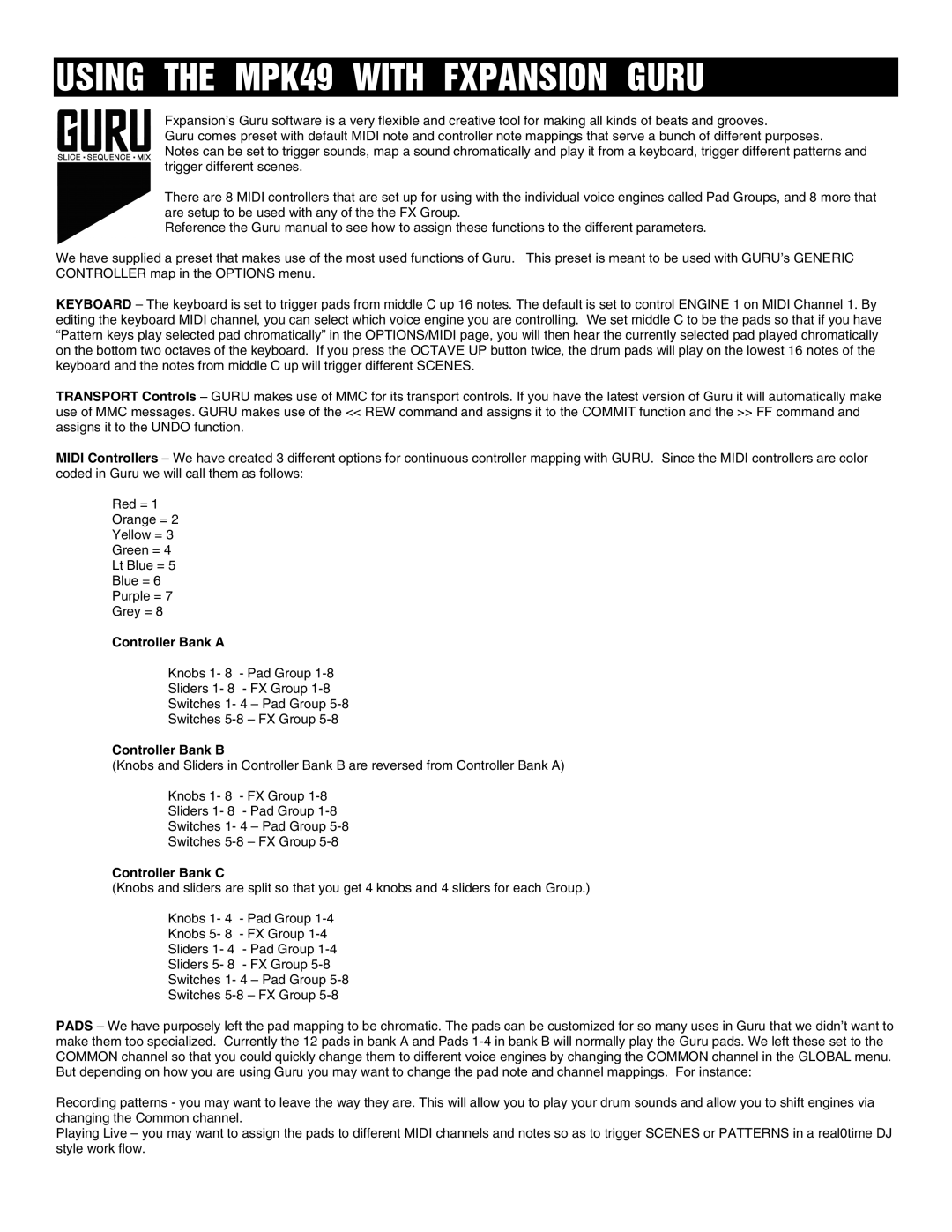 Akai manual Using the MPK49 with Fxpansion Guru, Controller Bank B 