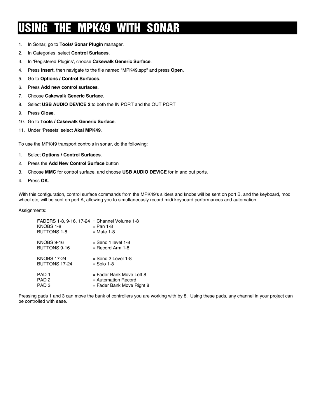 Akai manual Using the MPK49 with Sonar, Go to Tools / Cakewalk Generic Surface 