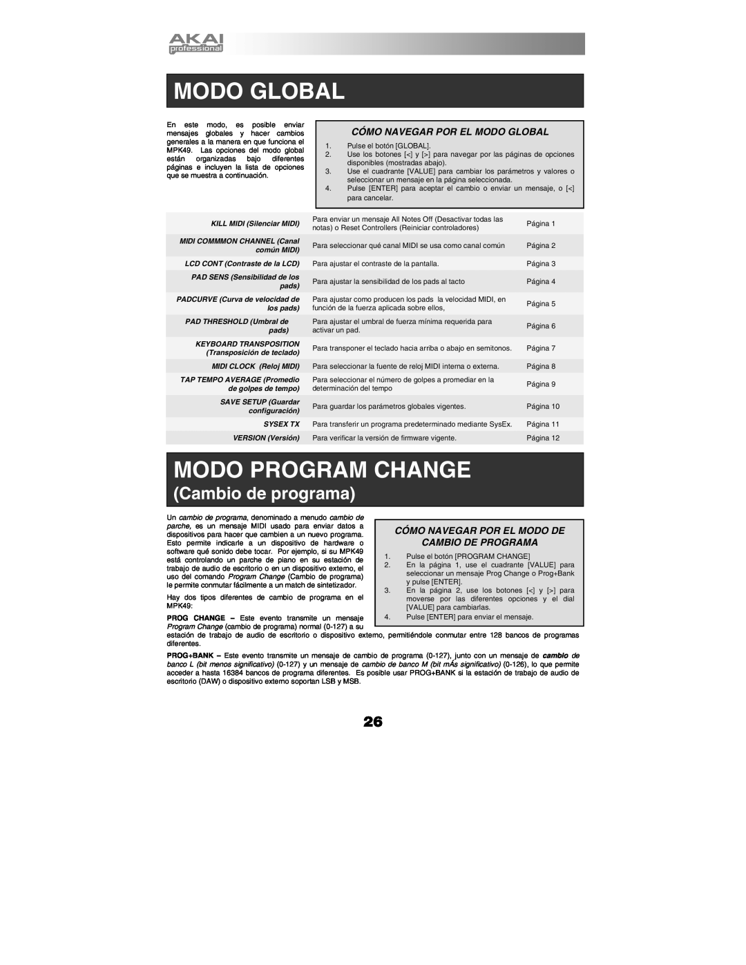 Akai MPK49 quick start manual Modo Program Change, Cambio de programa, Cómo Navegar Por El Modo Global 