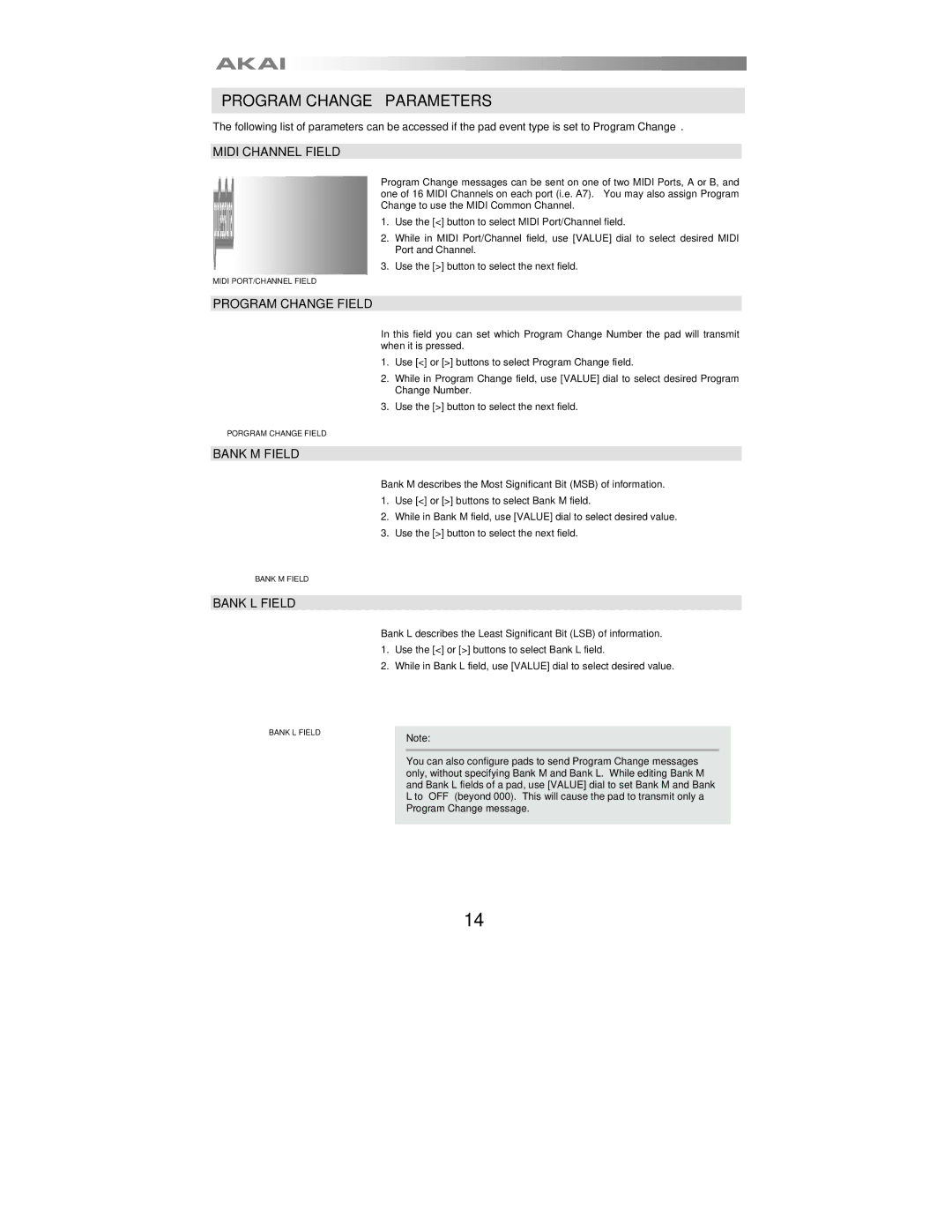 Akai MPK88, MPK61 manual Program Change Parameters, Program Change Field, Bank M Field, Bank L Field 