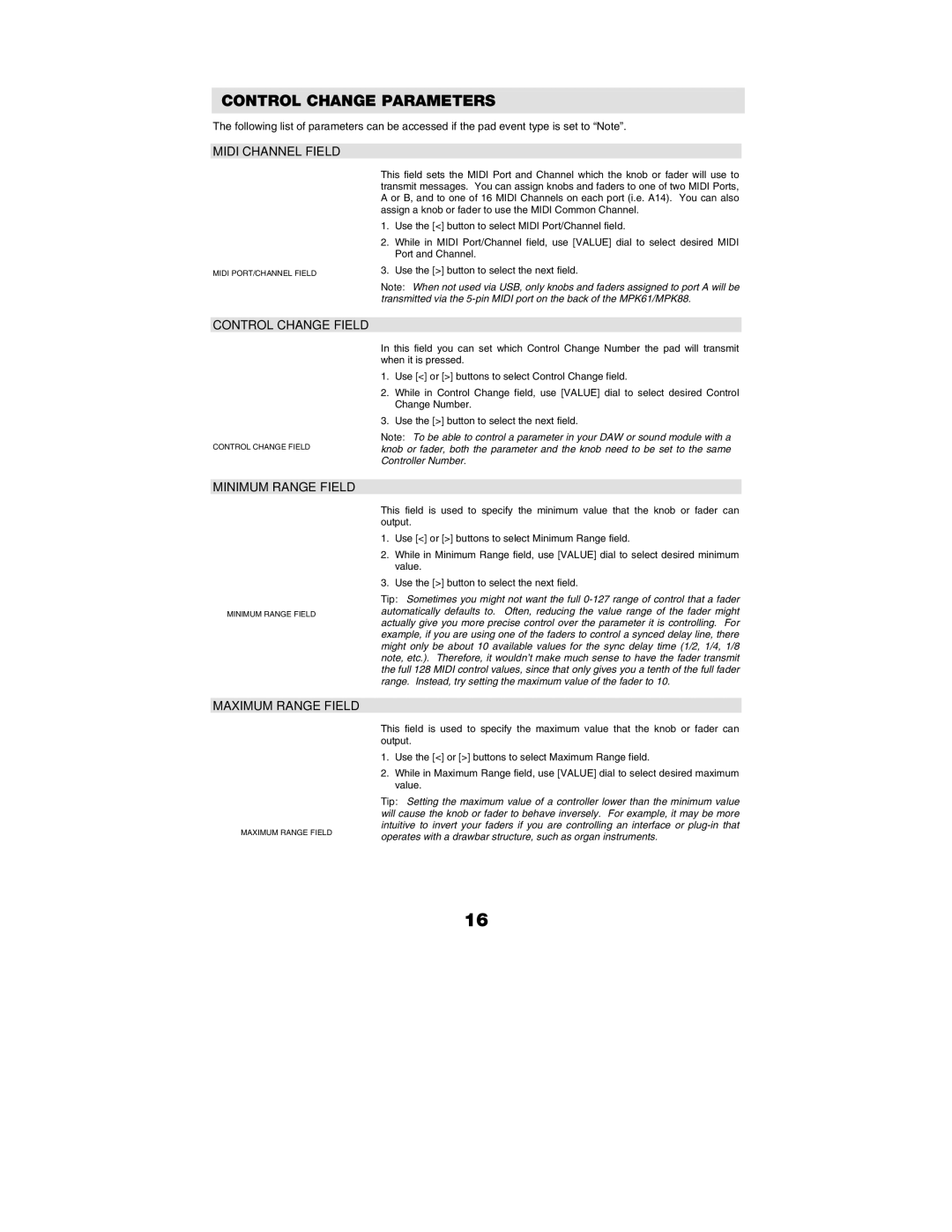 Akai MPK88, MPK61 manual Control Change Parameters, Control Change Field, Minimum Range Field, Maximum Range Field 