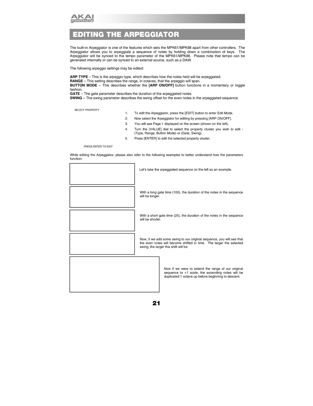Akai MPK61, MPK88 manual Editing the Arpeggiator 