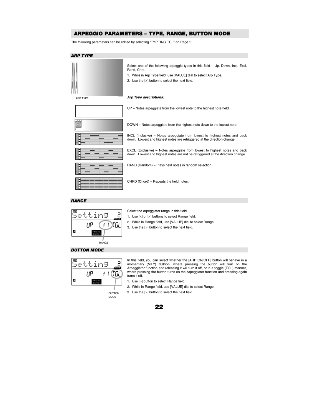 Akai MPK88, MPK61 manual Arpeggio Parameters TYPE, RANGE, Button Mode, ARP Type, Range 
