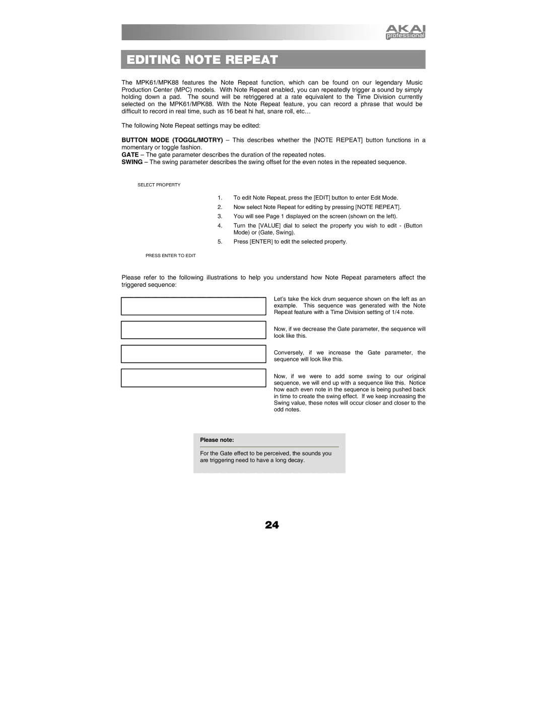 Akai MPK88, MPK61 manual Editing Note Repeat, Please note 