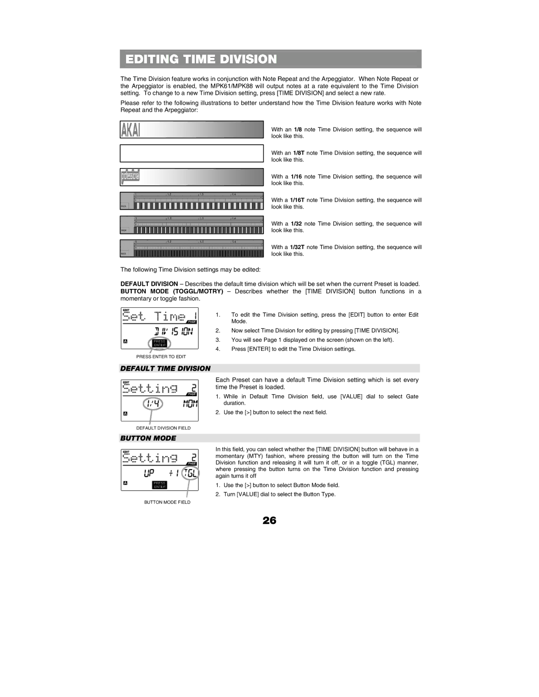 Akai MPK88, MPK61 manual Editing Time Division, Default Time Division 