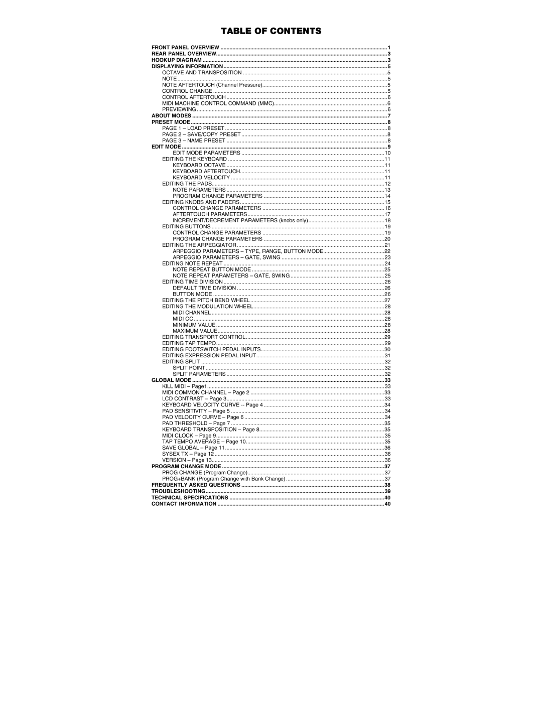 Akai MPK88, MPK61 manual Table of Contents 