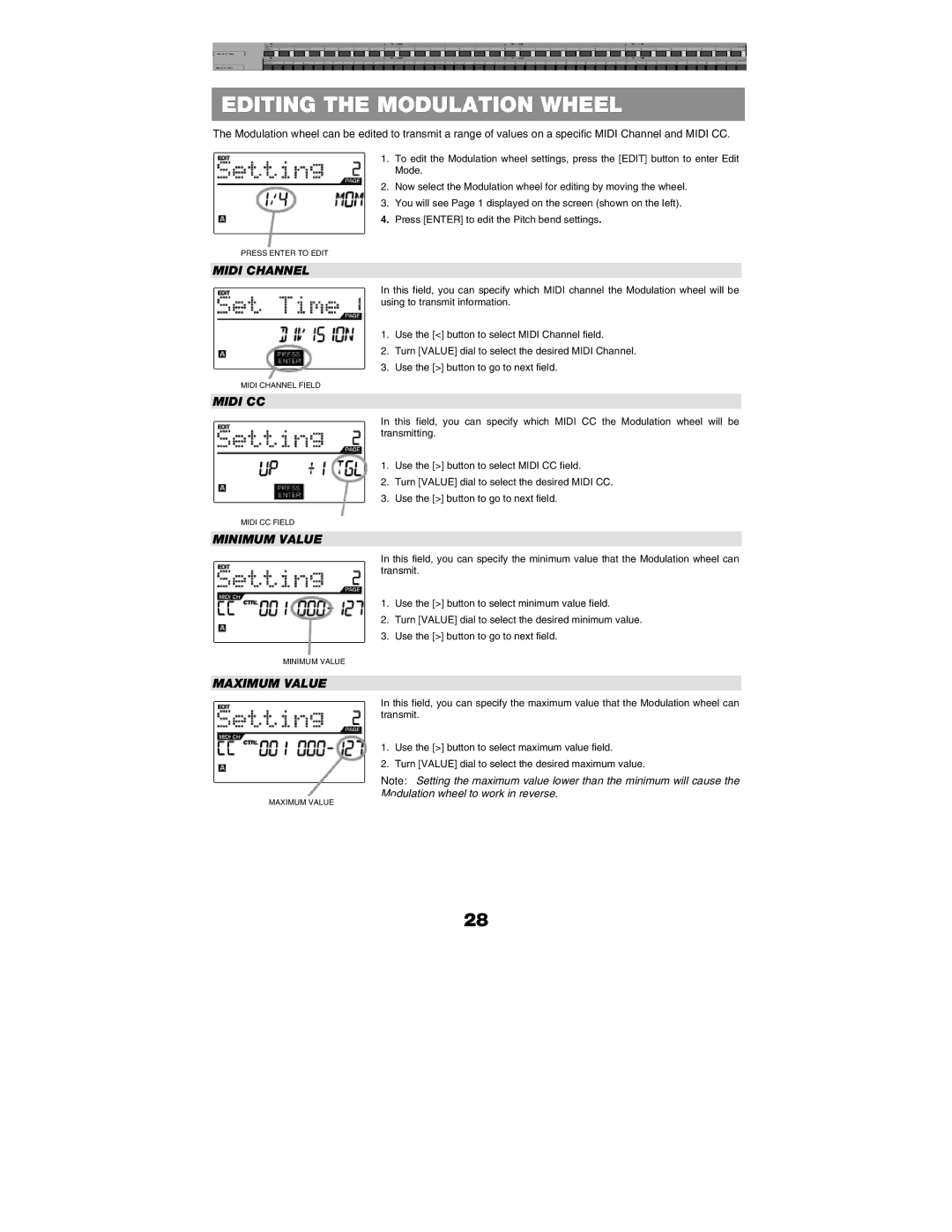 Akai MPK88, MPK61 manual Editing the Modulation Wheel, Midi Channel, Midi CC, Minimum Value, Maximum Value 