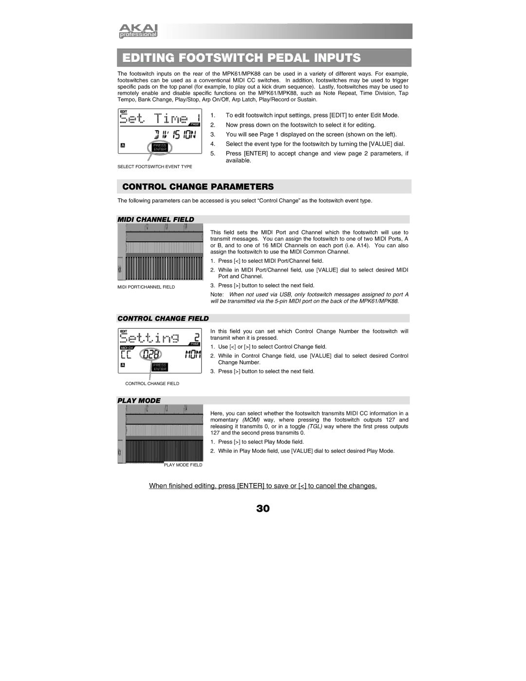 Akai MPK88, MPK61 manual Editing Footswitch Pedal Inputs, Control Change Parameters 