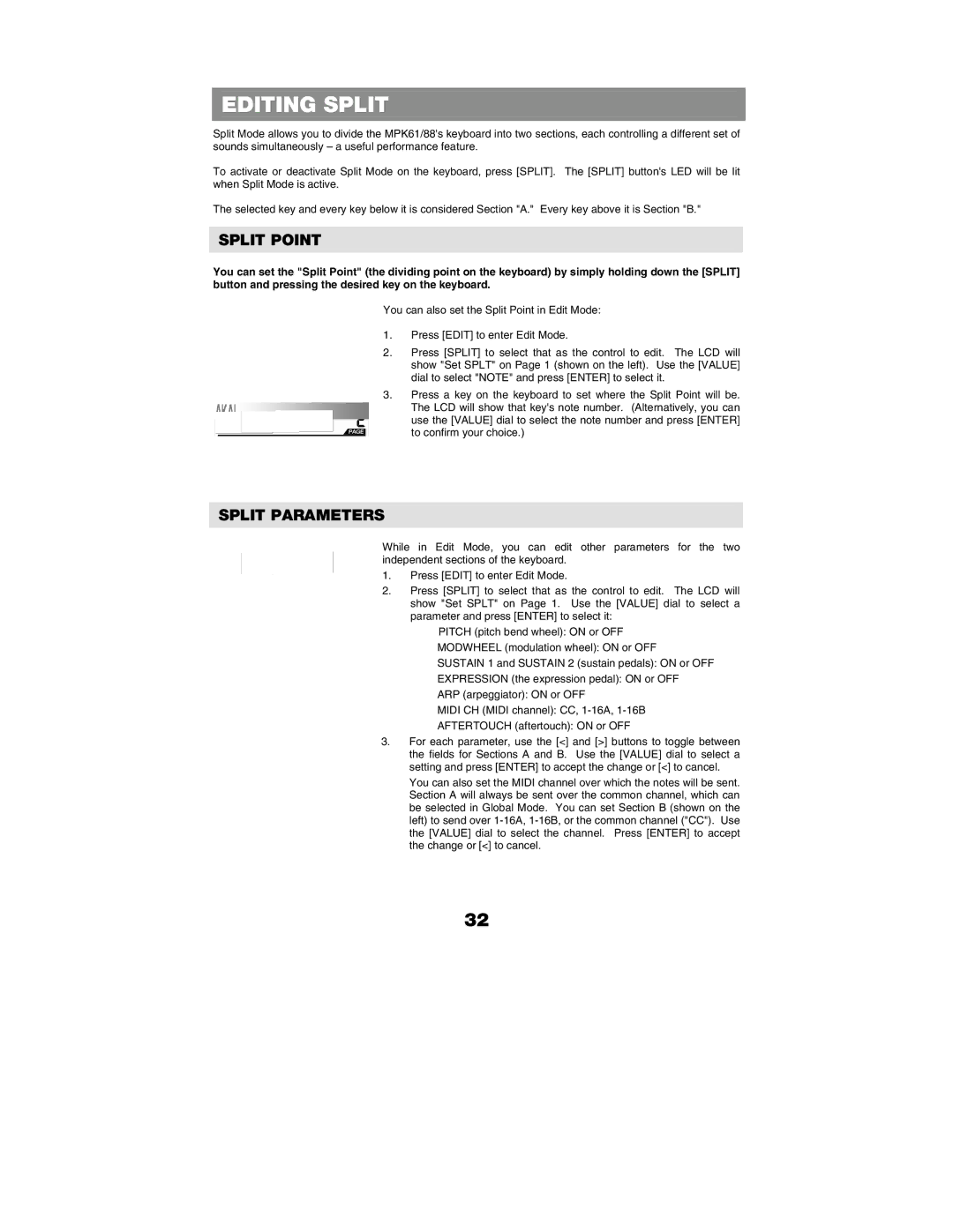 Akai MPK88, MPK61 manual Editing Split, Split Point, Split Parameters 