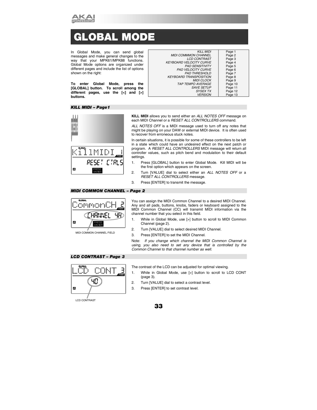 Akai MPK61, MPK88 manual Global Mode, Kill Midi Page1 