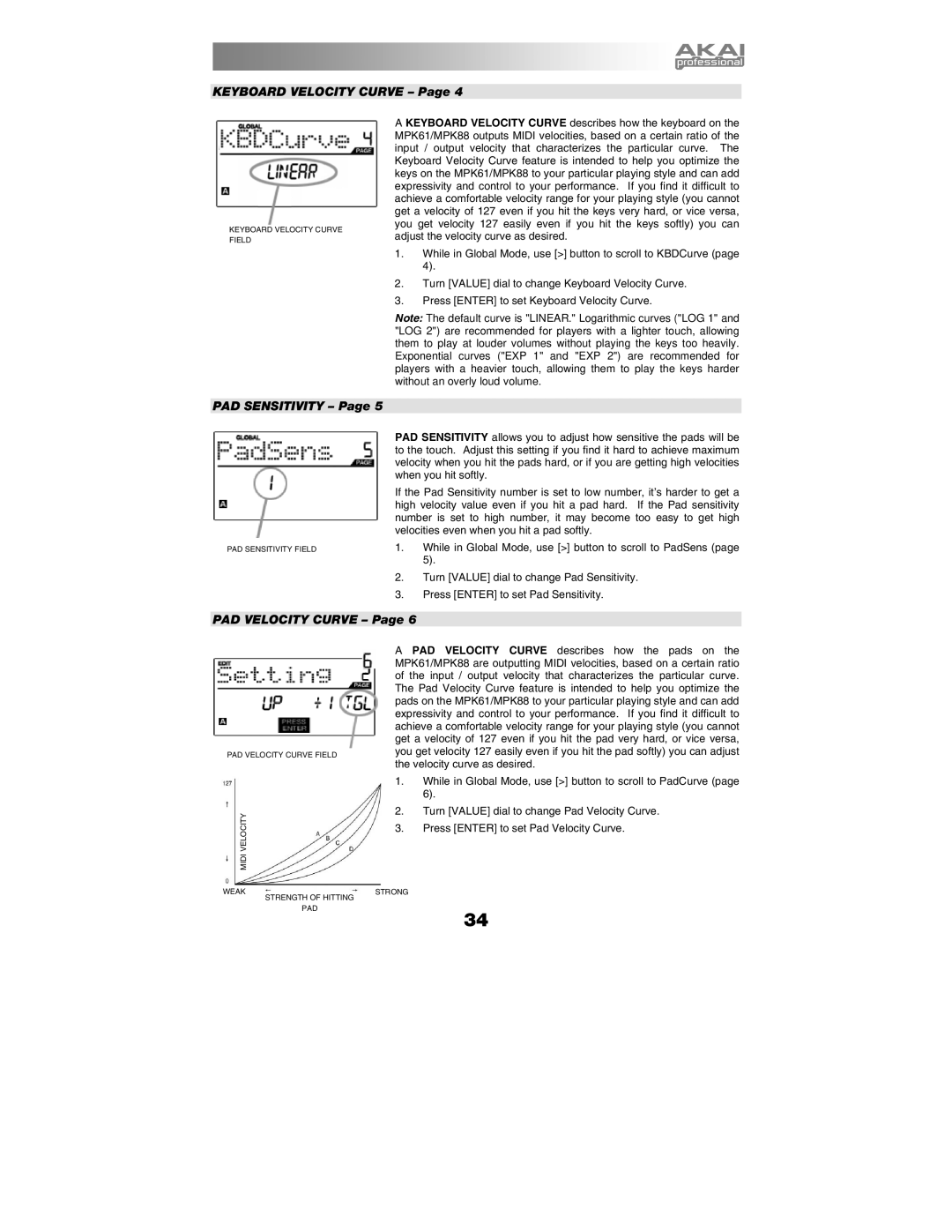 Akai MPK88, MPK61 manual Keyboard Velocity Curve 