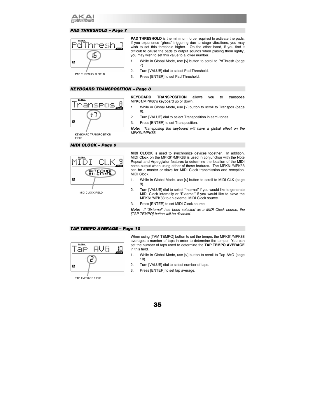Akai MPK61, MPK88 manual PAD Threshold 