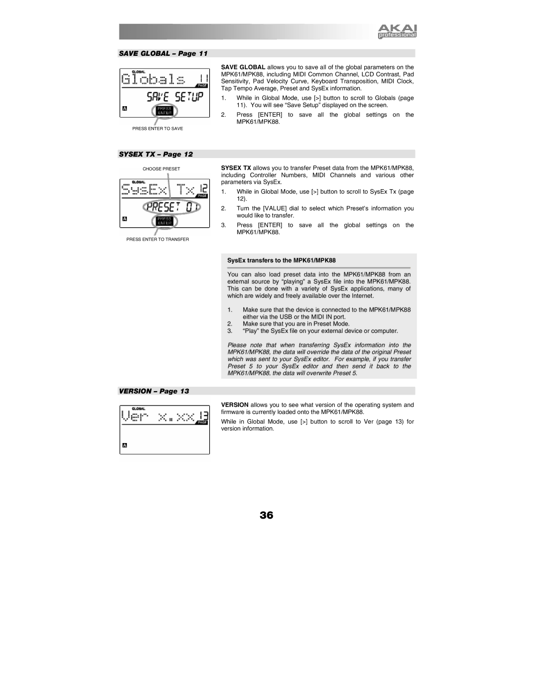 Akai manual Save Global, SysEx transfers to the MPK61/MPK88 