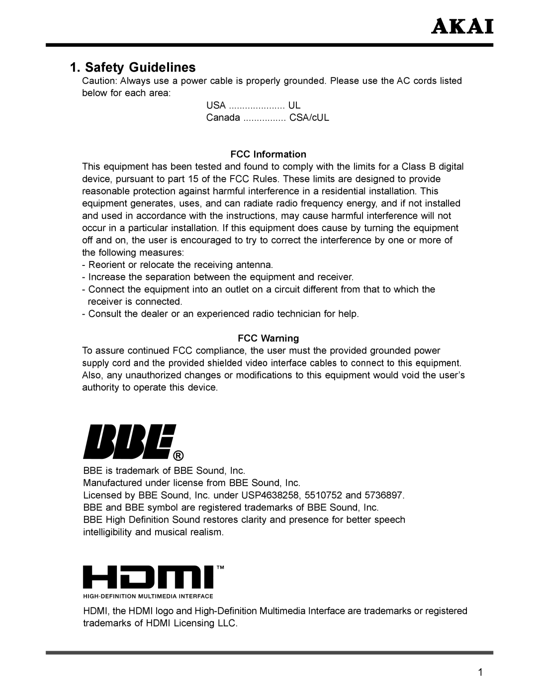 Akai PDP4273M manual FCC Information, FCC Warning 