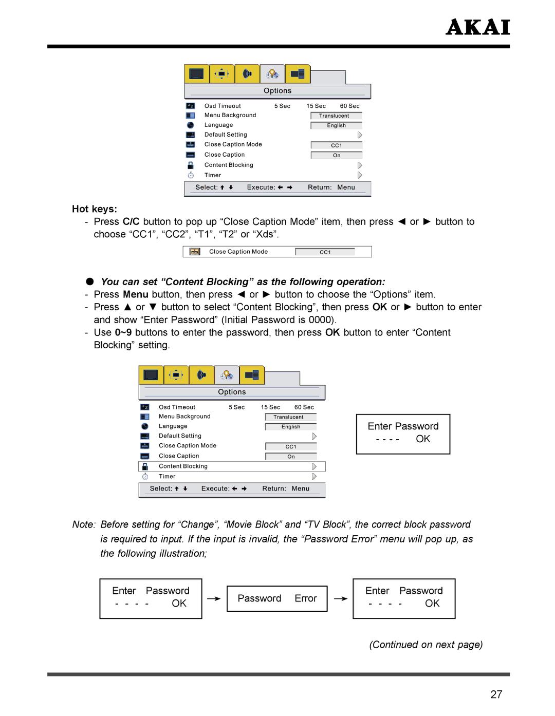 Akai PDP4273M manual You can set Content Blocking as the following operation 