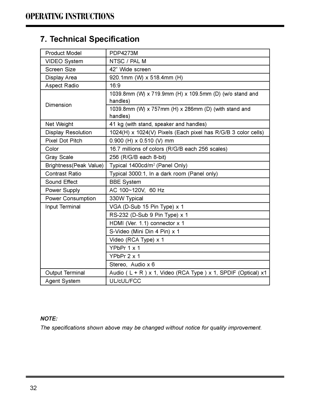 Akai PDP4273M manual Technical Speciﬁcation, Ntsc / PAL M 