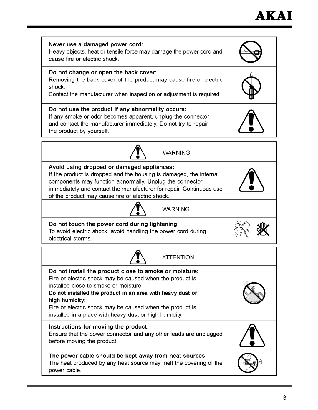 Akai PDP4273M Never use a damaged power cord, Do not change or open the back cover, Instructions for moving the product 