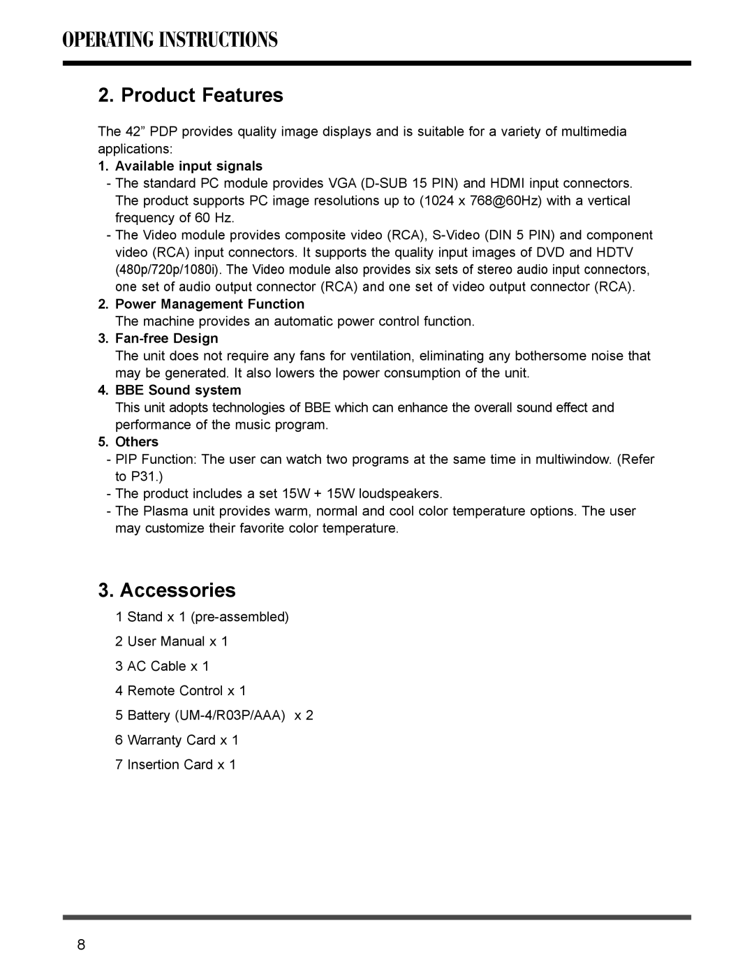 Akai PDP4273M manual Product Features, Accessories 