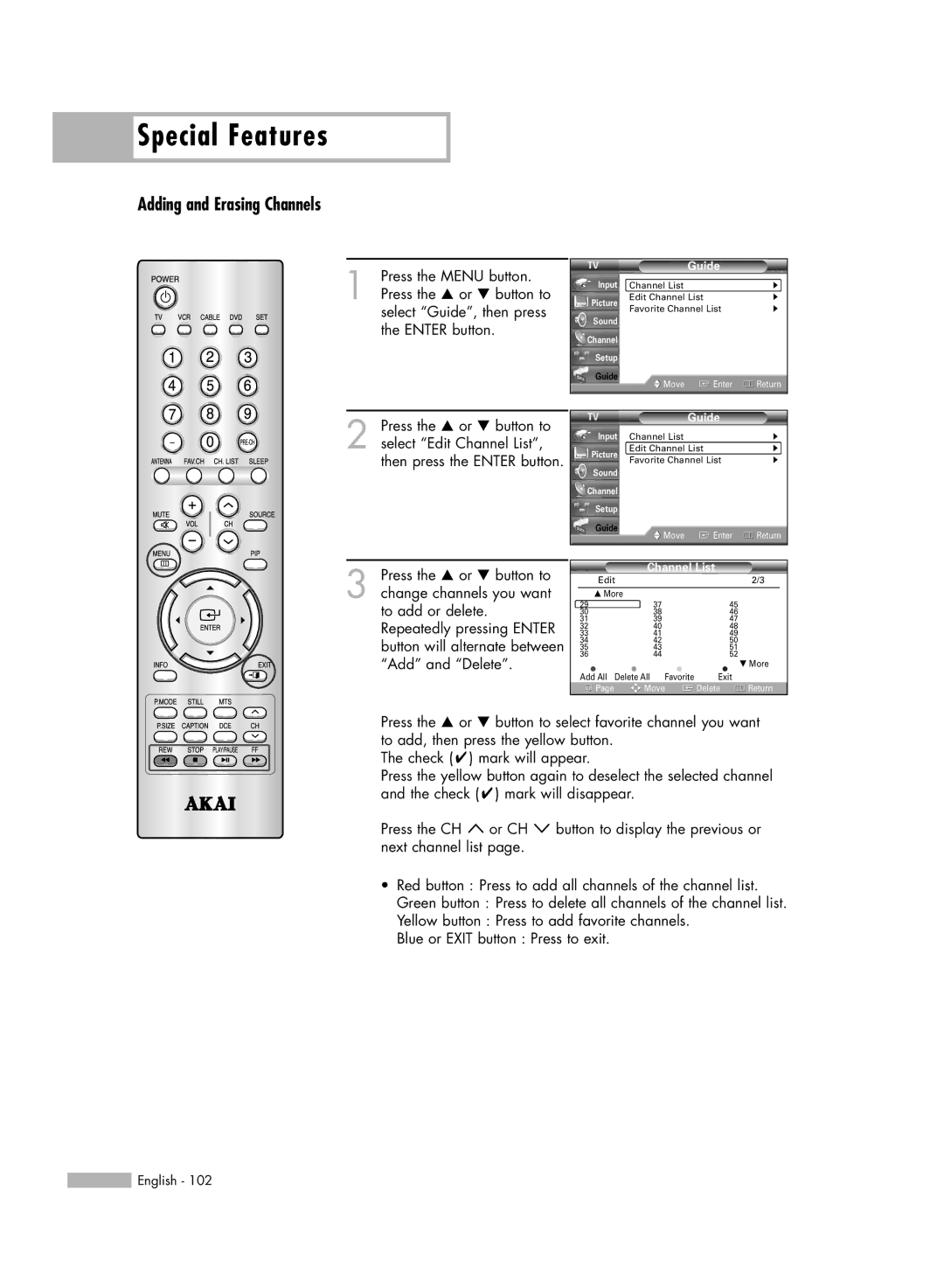 Akai PT50DL14 manual Adding and Erasing Channels 