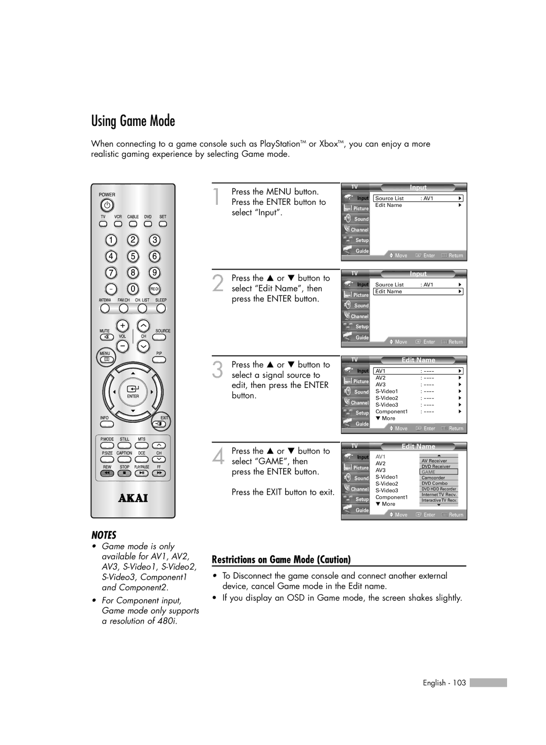 Akai PT50DL14 manual Using Game Mode, Restrictions on Game Mode Caution 