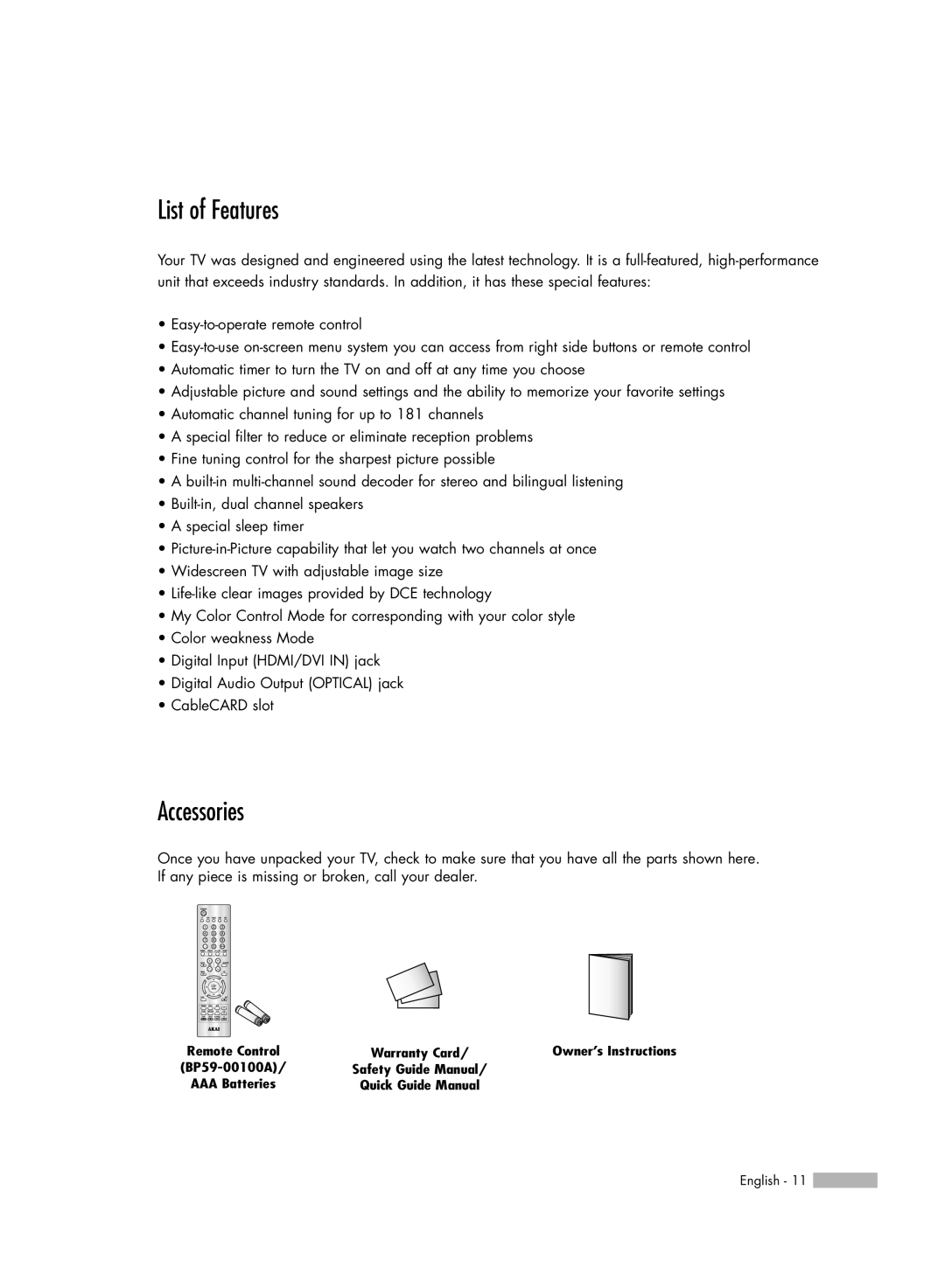 Akai PT50DL14 manual List of Features, Accessories 