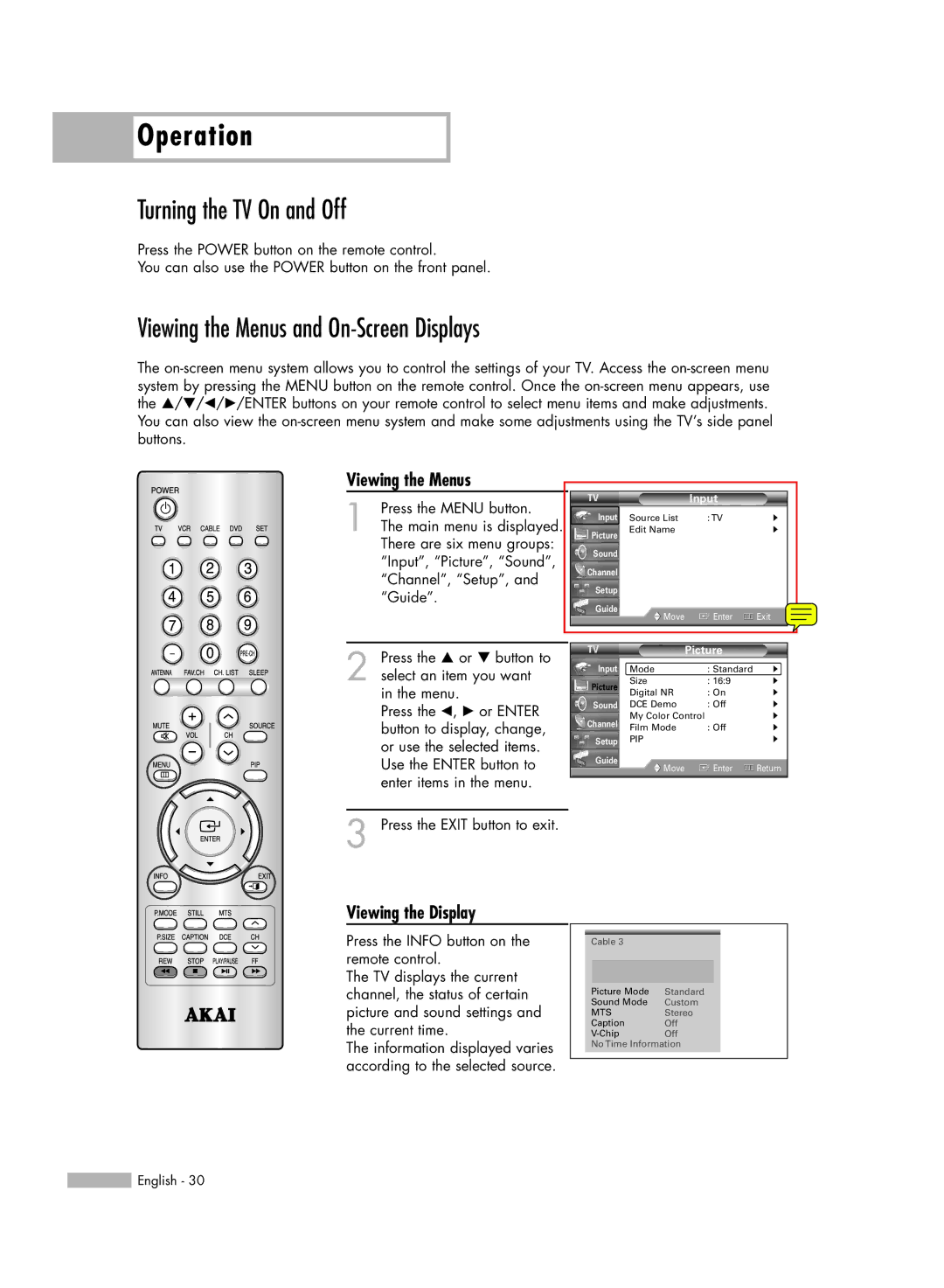 Akai PT50DL14 manual Turning the TV On and Off, Viewing the Menus and On-Screen Displays, Viewing the Display 